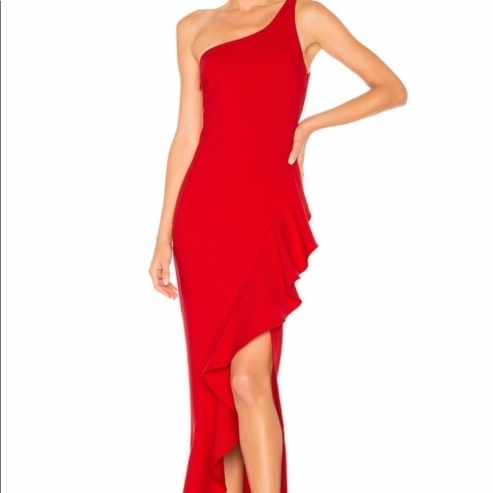 LIKELY size 4 red ruffle prom dress one shoulder holiday Christmas maxi stretch